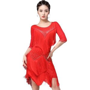 FZHQNZJF Latijnse Dans Prestatie Jurken voor Vrouwen Gemiddelde Mouw Salsa Ballroom Kostuum Tango Cha Cha Danskleding Strass Oefen Rok voor Rumba Samba,B,3XL