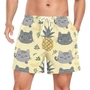 Cool Pineapple Cat Kitten Zwembroek voor heren, sneldrogend, met zakken, Leuke mode, M