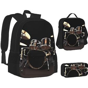 BONDIJ Coole Steampunk Gears Rugzakken voor school met lunchbox etui, waterbestendige tas voor jongens meisjes leraar geschenken, Cool Drum Set, Eén maat
