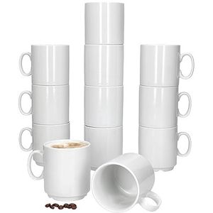 MamboCat Event Set van 12 koffiemokken, 250 ml, witte porseleinen bekers met handvat voor 12 personen, stapelbare kopjes voor warme dranken zoals thee, cacao, latte macchiato en dergelijke, chique