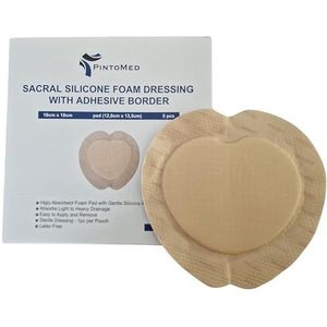 PintoMed - Steriel zelfklevend siliconenschuimverband met rand - Sacrum - 18 cm x 18 cm (pad 12,8 cm x 13,5 cm), doos met 5 verbanden. Absorberend. Voor de behandeling van chronische en acute wonden