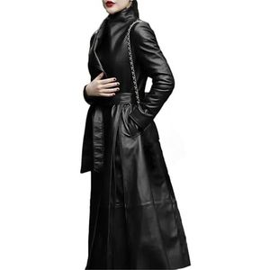 Dvbfufv Vrouwen Herfst Lange Zachte Faux Lederen Trenchcoat Vrouwen Riem Elegante Luxe Mode Jas, Zwart, XL