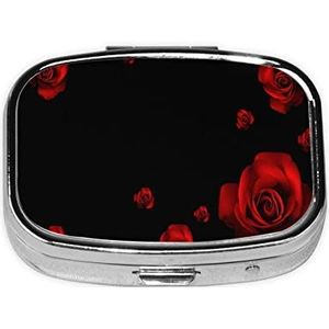 Rode Roos Zwarte Achtergrond Pil Doos 2 Compartiment Geneeskunde Pil Case Draagbare Metalen Geneeskunde Organizer voor Pocket of Portemonnee Decoratieve Pil Doos Uniek Gift