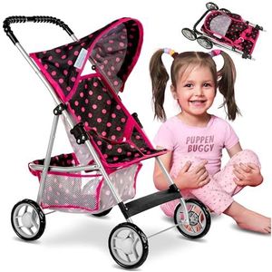 Kinderplay Poppenwagen, poppenbuggy vanaf 3 jaar - poppenbuggy pop met veiligheidsriem en boodschappennet | kinderwagen met soepel lopende wielen en zachte grip | poppenbuggy vanaf 4 jaar, KP0280G