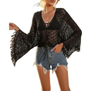 GELAiZi Doorschijnende Cardign Bikini Coverup met Bell Mouwen, Tie Up Gehaakte Strandkleding met Kwastje, Zwart bedrukt, L