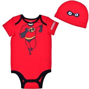 Disney Baby’s Short Sleeve Onesie with Cap, The Incredibles Costume, Romper Set, Red, Size 9M