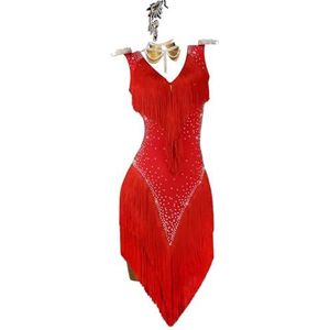 Yhwacyznm Latin wedstrijdjurken met kwastjes Mouwloos Cha Cha Ballroom kostuum voor dames Dansrok voor rumba Elastisch en ademend Salsa danskleding,Rood,L