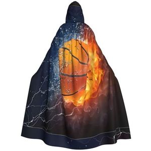 WURTON Basketbal op vuur en water vlam spattende mantel met capuchon voor volwassenen, carnaval heks cosplay gewaad kostuum, carnaval feestbenodigdheden, 185 cm