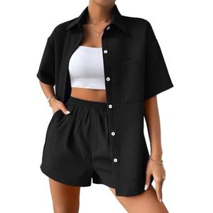 Leader of the Beauty Vrouwen Zomer Tweedelige Outfit Top En Shorts Broek Sets Causale Gym Activewear Sets, Zwart, S