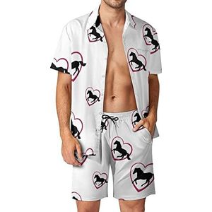 Galopperend paard met hart Hawaiiaanse bijpassende set voor heren, 2-delige outfits, button-down shirts en shorts voor strandvakantie