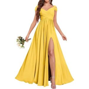 Chiffon bruidsmeisjesjurken voor dames, voor bruiloft, ruches avondgalajurken, cocktailjurken, grote maten, Mosterd Geel, 32
