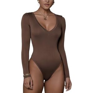 Rongseng Bodysuit voor dames, lange mouwen, sexy, V-hals, bodysuit, top, slim fit, jumpsuit, stretch, turnpakje, chic, top, blouse, elegant, effen, jumpsuit, casual, playsuit, clubwear, Bruin, L