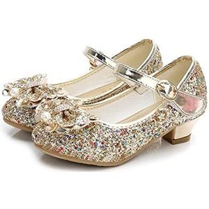 Prinsessenschoenen voor meisjes, glitter, leer, prinsessen-vlinderschoenen voor kinderen, hoge hakken met diamantstrik, glitter, mode voor meisjes, dansschoenen, Hudie Gold, 37 EU