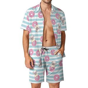 Roze grappige mopshond en donut Hawaiiaanse bijpassende set voor heren, 2-delige outfits, overhemden en shorts met knopen voor strandvakantie