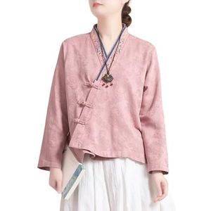 Chinese Stijl Retro Katoen Linnen Top Dames Plus Size Borduren Traditionele Hanfu Blouse Lange Mouw Flowy Shirt (Color : Pink, Size : 3XL)