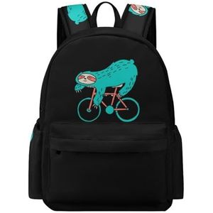 Blauwe luiaard rijdt een fiets mini rugzak schattige schoudertas kleine laptoptas reizen dagrugzak voor mannen vrouwen