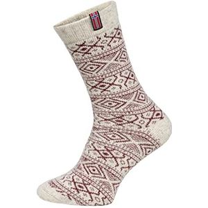 Noorse sokken voor dames en heren - Nordic sokken knuffelsokken van wol - dikke sokken hyggelig warm met hoog 80% wolgehalte in Noors design - duurzaam, wolwit/rood., 35/38 EU
