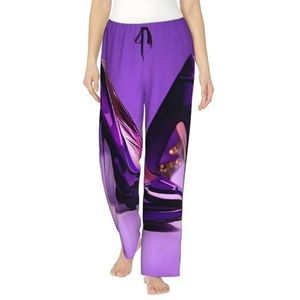 Elegante paarse hoge hakken met lippenstift print dames zachte polyester lounge pyjama broek - losse comfortabele slaap joggingbroek met zakken, Zwart, S