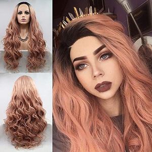 As Roze Lace Front Pruiken voor Vrouwen, Roze Lange Body Wave Pruiken met Middenscheiding Lijmloze Synthetische Pruik met Natuurlijke Haarlijn Hittebestendig 24 inch