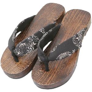 Flip flop Mannen Japanse Houten Klompen Slippers,Japanse Traditionele Klompen Geta Sandalen Traditionele Geta Houten Klompen Schoenen,Anti-Skid Bloemen Slippers(Size:EU 44,Color:Zwart+B)