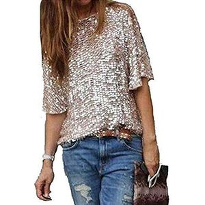 CHOSERL Zomerse topjes voor vrouwen met lovertjes en glitters, feestshirt met korte mouwen, fonkelende blouses, T-shirts, Goud, XL