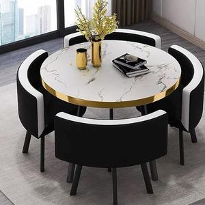 Ronde Eettafel En Stoelenset, Kantoorontvangstkamer, Salontafel En Stoelset, Zakelijke Tafel En Stoelcombinatie, Ronde Houten Tafel 4 Lederen Stoelen (Kleur : Black A, Maat : 90CM)