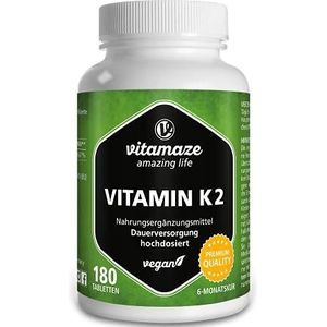 Vitamine K2 hooggedoseerd & veganistisch, 200 mcg MK-7 Menaquinone (gecertificeerd, All-Trans-Form), 180 tabletten 6 maanden voorraad, Natuurlijk voedingssupplement zonder toevoegingen, Made in Germany