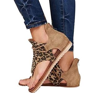 Damespantoffels, Vrouwen Sandalen Mode Zomer Luipaard Slang Zebra Print Rits Strand Sandalen Platte Schoenen, platte Teenseparators Suède Slippers Rits Sandaal