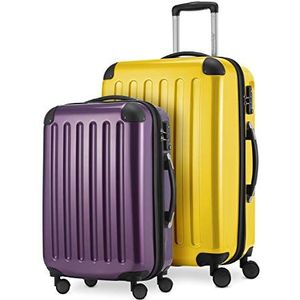 HAUPTSTADTKOFFER - Alex - 2-delige kofferset hardcase glanzend, middelgrote koffer 65 cm + handbagage 5 cm, 74 + 42 liter, TSA, Geel-aubergine, 65 cm, kofferset