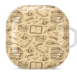 Vintage boeken schets oordopjes hoesje compatibel met Samsung hard shell beschermhoes wit stijl