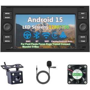 Draadloze Autoradio Android 15 voor Ford Fiesta Focus Kuga Transit Connect Mondeo S-Max met draadloze carplay en Android Auto Bluetooth USB Wifi 4G GPS Navigatie(S-4(4G+64G))