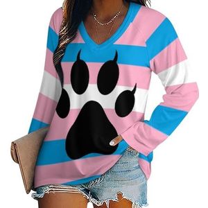 Transgender Furry Pride Flag vrouwen casual T-shirts met lange mouwen V-hals bedrukte grafische blouses T-shirt tops L