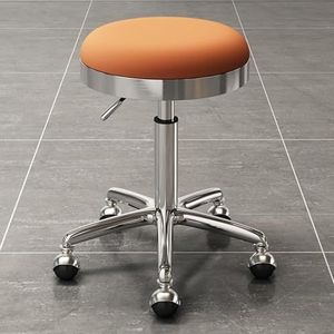 FXLUHAY Verstelbare kruk met wielen, draaibare zitting en verstelbare hoogte, werkplaats kruk, 360° verstelbare ronde PU-lederen draaibare kruk, salonstoel (oranje)