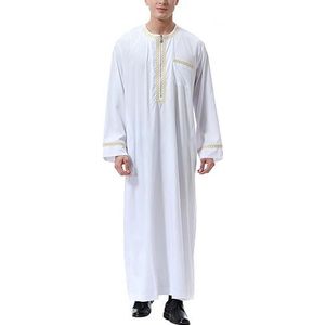 Kaftan voor heren, moslims, met ronde hals, lange mouwen, retro tuniek, wit, XL