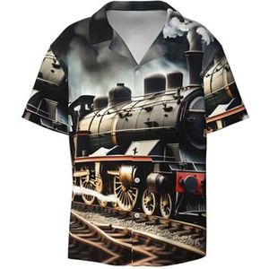 OdDdot Stoomlocomotief treinprint herenoverhemden atletisch slim fit korte mouw casual zakelijk overhemd met knopen, Zwart, XXL