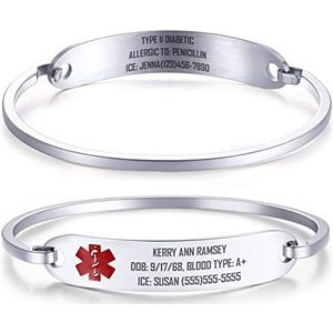 FALOME Medische ID-armband voor vrouwen gratis gravure roestvrij staal medische waarschuwing armband aangepaste identificatie noodmedische ID-sieraden (kleur: zilver-fit 6-in-7.4"" pols)