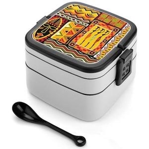 Afrikaanse Kunst Vrouw met Pot Historische Elementen Oranje Bento Lunch Box Dubbellaags All-in-One Stapelbare Lunch Container Inclusief Lepel met Handvat