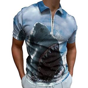 Ocean Sharks Attack poloshirt voor heren, casual T-shirts met ritssluiting en kraag, golftops, slim fit