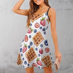 Wafel Blueberry Aardbei dames zomer strandjurk spaghettibandjes mini mouwloze print zonnejurk