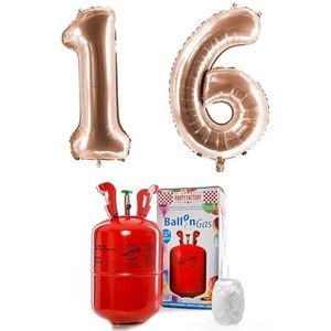 PARTY FACTORY Helium Set ""16"" met XXL nummer ballonnen, ballongas en ballonkoord - voor verjaardag, jubileum, verjaardag; goud, zilver, zwart, roze, roségoud, veelkleurig (roségoud)