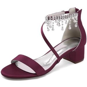 KYEGLO Dames Sandalen Met Open Teen, Dikke Zool, Parel En Strass Steentjes, Enkelbandje, Comfortabele Satijnen Bruidsschoenen Met Rits - Zomerkleding & Bruidsschoenen,Burgundy,36