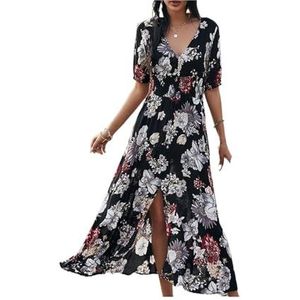 CHOYES Chiffon A-lijn lange jurk met bloemenprint, V-hals met korte mouwen voor dames, Zwart, XL
