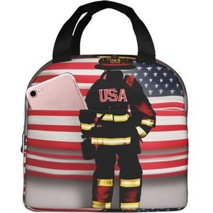 Rode Streep Brandweerman VS Vlag Print Geïsoleerde Lunch Bag Tote Bag,Warmte Houden Lunch Box Cooler Thermische Tas voor Werk