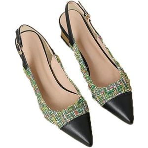 FamMe Vrouwen Patchwork Pumps Spitse Gesloten Teen Chunky Blok Lage Hakken Slingback Kantoor Werk Kerk Casual Jurk Schoenen, Groen, 39 EU