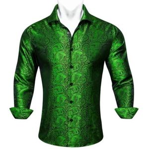 SDFGH Shirts for heren Zijden lange mouwen groene bloem Paisley geborduurde slanke pasvorm herenblouses Casual tops (Color : D, Size : Small)