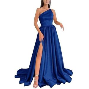 HPPEE Satijnen baljurken met één schouder en split zonder mouwen, lange baljurk korset, formele feestjurk, marineblauw, 32