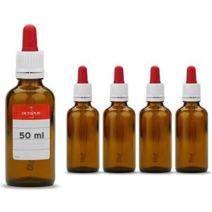 5x 50 ml pipetflessen met glazen pipet, bijv. voor e-liquids, verf of olie, amberkleurige glazen flessen met doseerpipet of apothekersflessen met druppelpipet, lichtbescherming, incl. etiketten