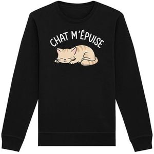 Sweatshirt met kat, uniseks, bedrukt in Frankrijk, 100% biologisch katoen, cadeau voor verjaardagsdieren, origineel grappig, Zwart, XL