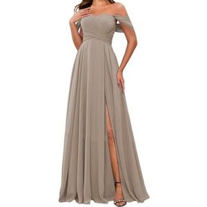 HPPEE Off-shoulder chiffon bruidsmeisjesjurken met split voor vrouwen mouwloze strapless avond formele jurk, Taupe, 32