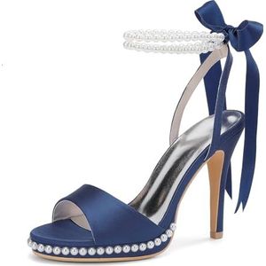 KYEGLO Dames Satijnen Parel Ronde Neus Stiletto Hoge Hak, Open Teen Sandalen Met Twee Parel Enkelbandjes - Feestelijke Trouwjurk Prom Schoenen,Dark blue,36